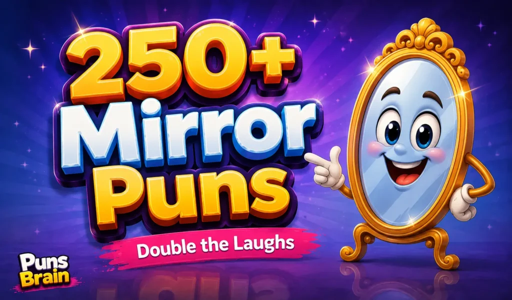 Colorful mirror puns thumbnail with a smiling cartoon mirror and bold 3D "250+ Mirror Puns" text.