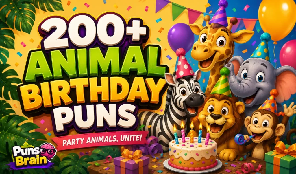 200+ animal birthday puns thumbnail with party animals, cake, balloons, and colorful 3D text