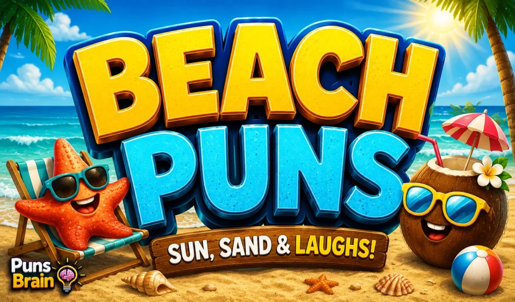 Cartoon beach thumbnail featuring bold 3D "Beach Puns" text, a smiling starfish, and tropical beach elements.
