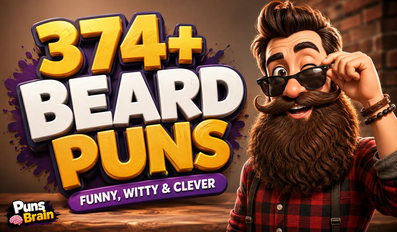 374+ beard puns thumbnail featuring a funny bearded character and bold 3D typography