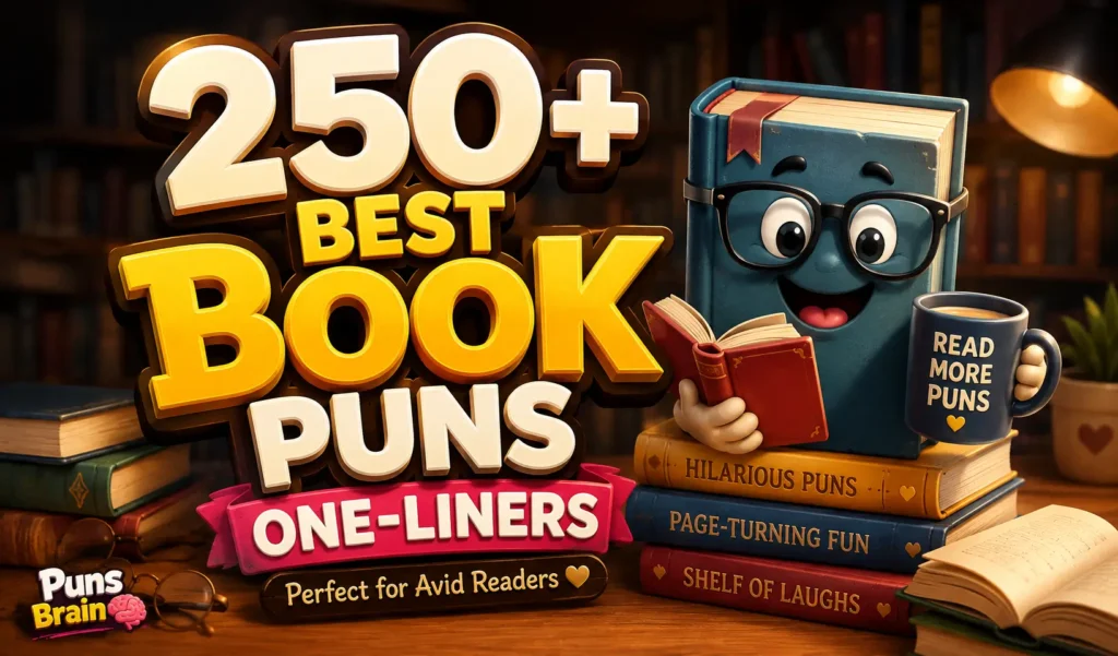 250+ book puns one-liners thumbnail with a cheerful book character in a cozy library