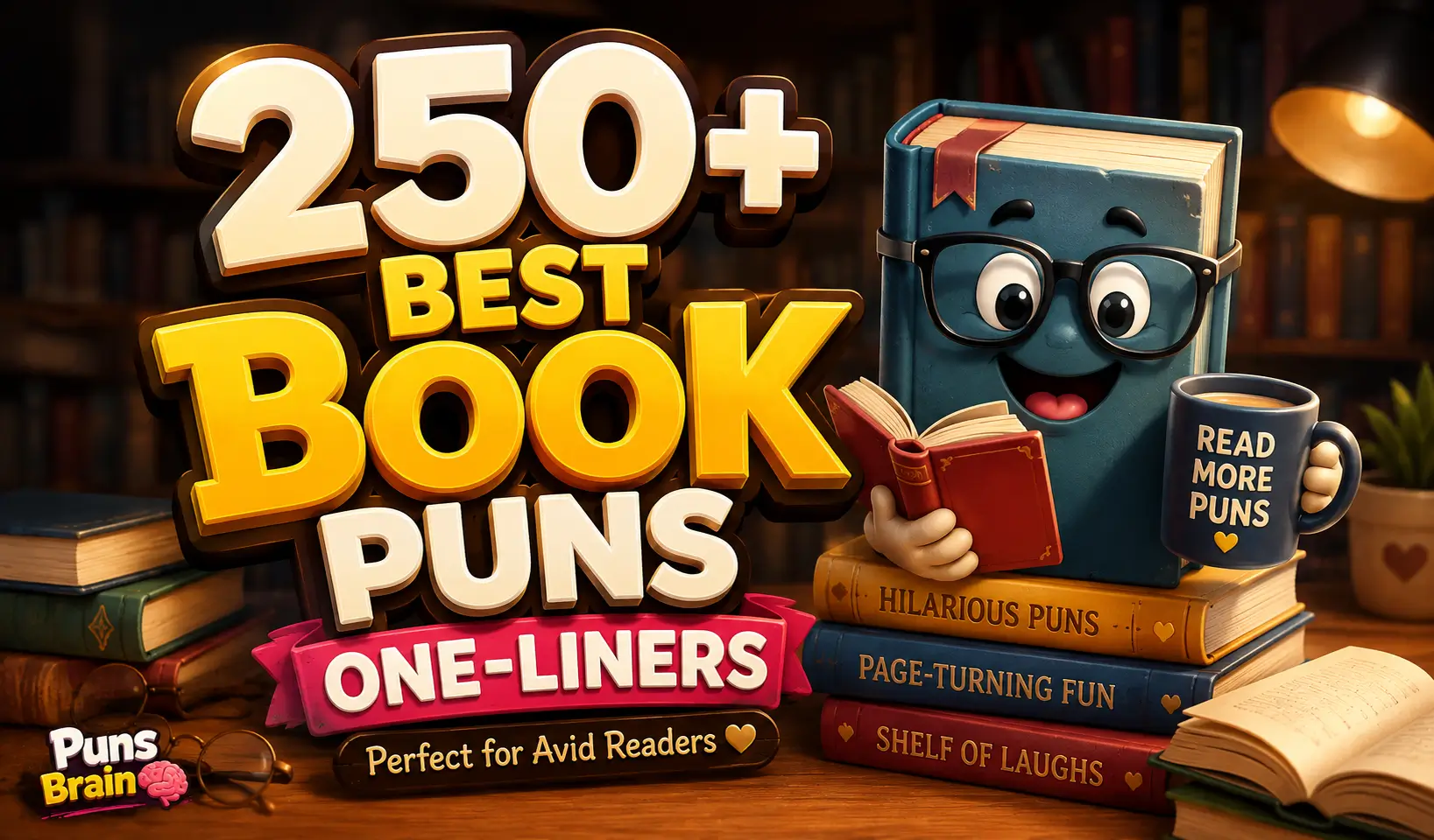 250+ book puns one-liners thumbnail with a cheerful book character in a cozy library
