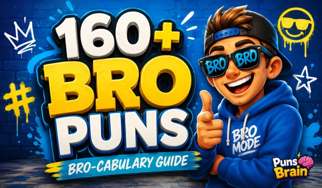 Colorful thumbnail featuring a cartoon bro and bold 3D "160+ Bro Puns" text for a humorous article.