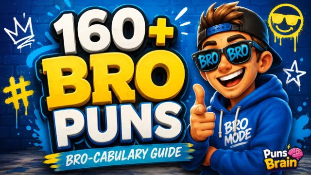 Colorful thumbnail featuring a cartoon bro and bold 3D "160+ Bro Puns" text for a humorous article.