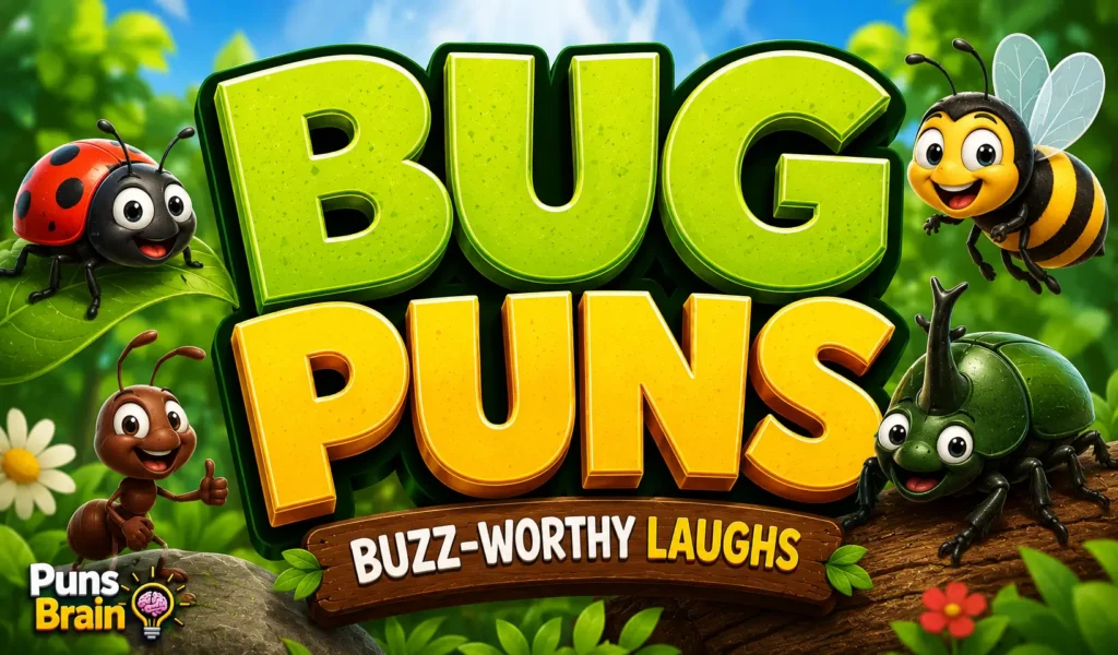 Colorful cartoon bug thumbnail with bold 3D "Bug Puns" text for a funny bug puns article.