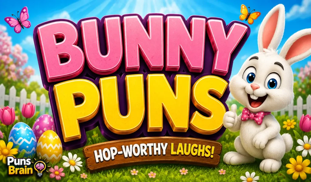 Colorful cartoon bunny thumbnail with bold 3D "Bunny Puns" text for a funny bunny puns article.