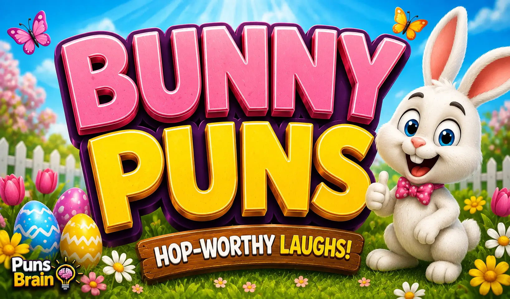 Colorful cartoon bunny thumbnail with bold 3D "Bunny Puns" text for a funny bunny puns article.