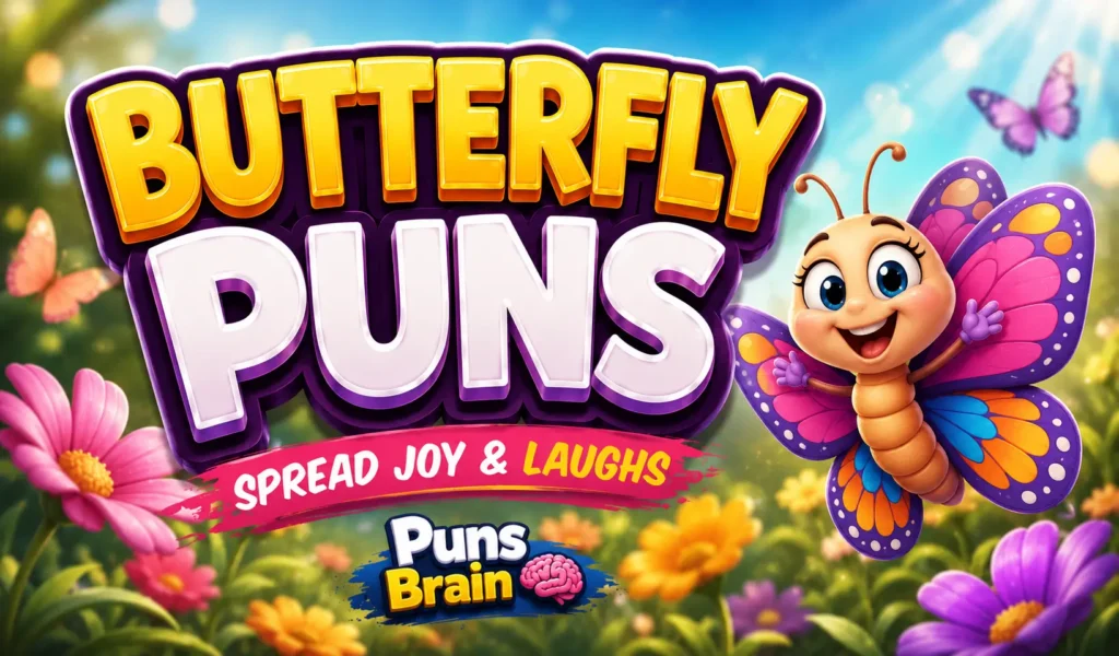 Colorful butterfly puns thumbnail with bold 3D text, smiling butterfly mascot, and Puns Brain branding.
