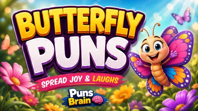 Colorful butterfly puns thumbnail with bold 3D text, smiling butterfly mascot, and Puns Brain branding.