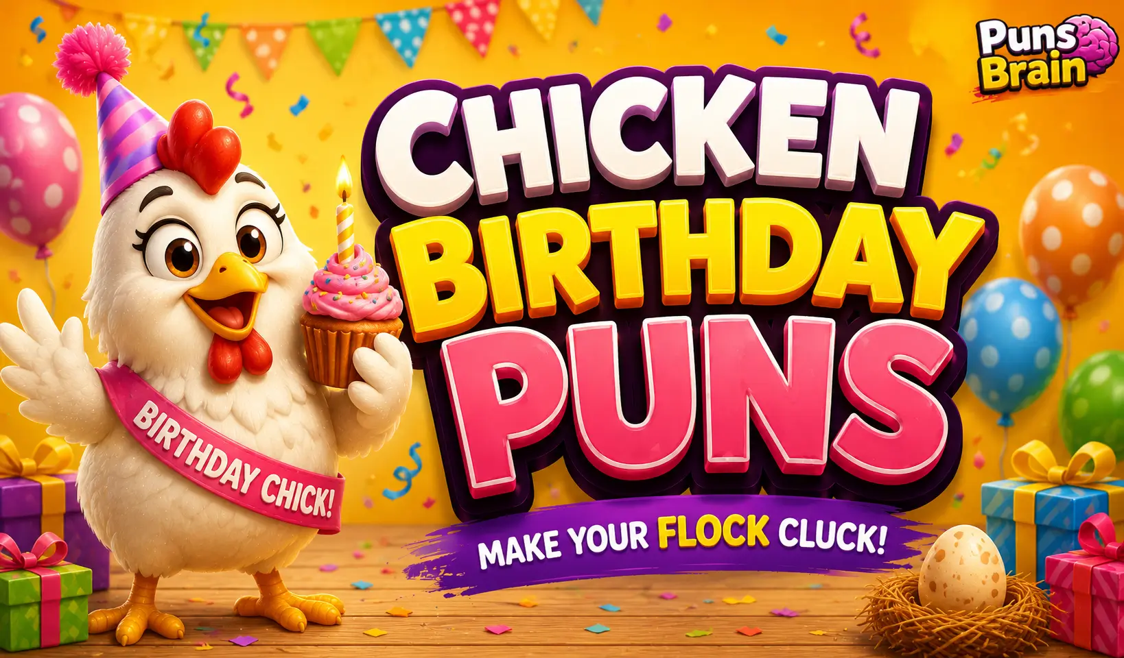 Cartoon chicken with a birthday cupcake beside bold 3D text for chicken birthday puns.