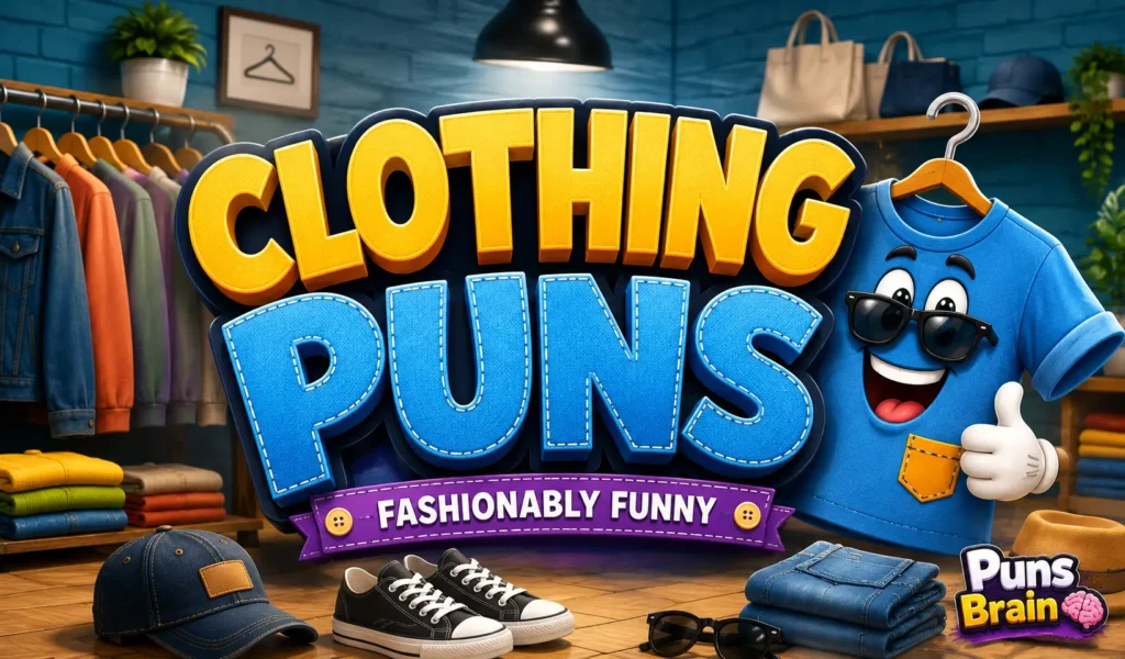 Cartoon thumbnail featuring bold 3D Clothing Puns text with a smiling T-shirt mascot in a colorful clothing store.