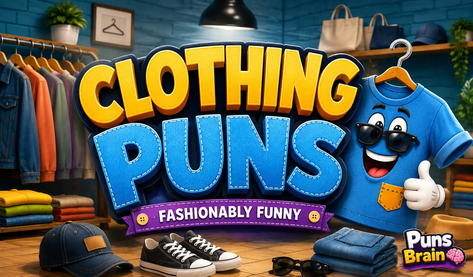 Cartoon thumbnail featuring bold 3D Clothing Puns text with a smiling T-shirt mascot in a colorful clothing store.