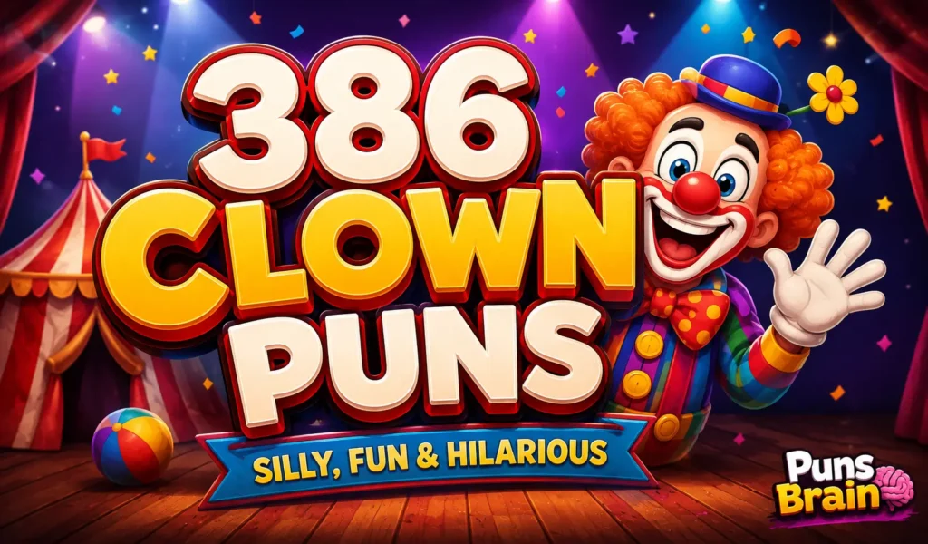 Colorful cartoon thumbnail featuring 386 Clown Puns with a smiling clown mascot on a circus stage.