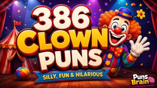 Colorful cartoon thumbnail featuring 386 Clown Puns with a smiling clown mascot on a circus stage.
