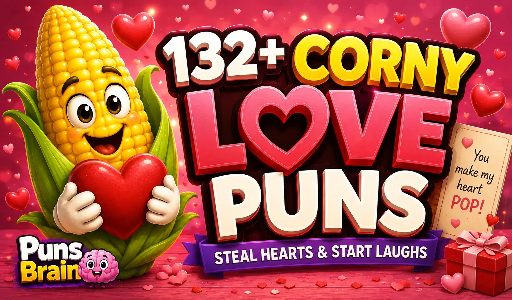 Cartoon corn holding a heart with bold 3D "132+ Corny Love Puns" text and Puns Brain logo.