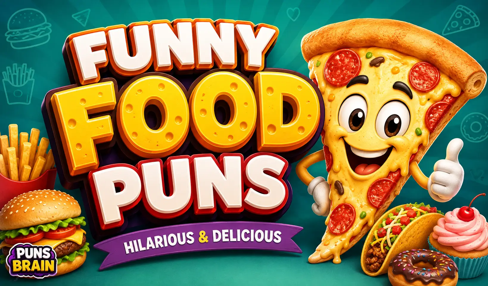 Funny Food Puns thumbnail featuring bold 3D text with a smiling cartoon pizza and colorful food illustrations.