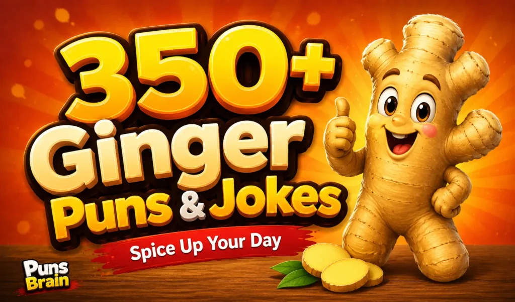Colorful ginger puns thumbnail with a smiling cartoon ginger root and bold 3D "350+ Spicy Ginger Puns & Jokes" text.