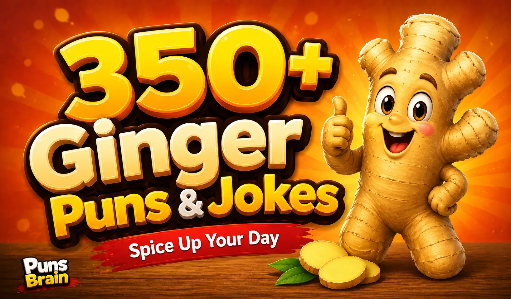 Colorful ginger puns thumbnail with a smiling cartoon ginger root and bold 3D "350+ Spicy Ginger Puns & Jokes" text.