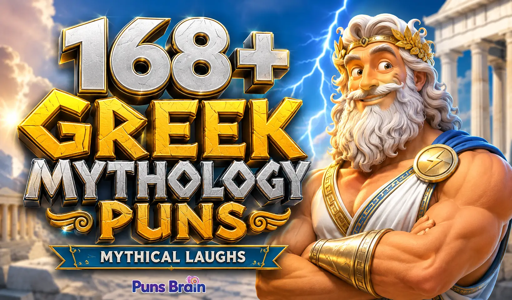 Greek mythology puns thumbnail featuring Zeus and 3D Greek mythology text