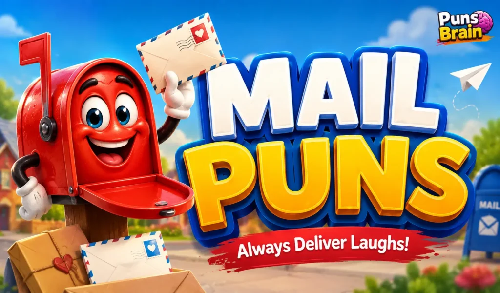 Cartoon mailbox with bold 3D Mail Puns text on a colorful postal-themed background for mail puns.