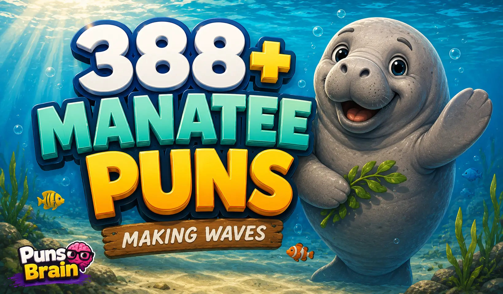 388+ manatee puns thumbnail with a cheerful cartoon manatee underwater