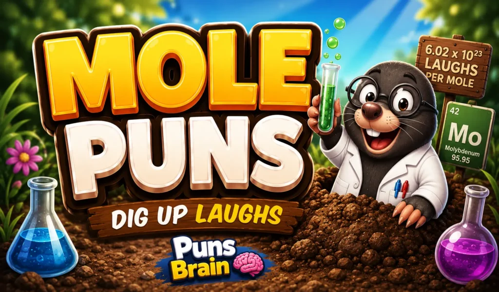 Colorful mole puns thumbnail with bold 3D text, smiling cartoon mole mascot, and Puns Brain branding.