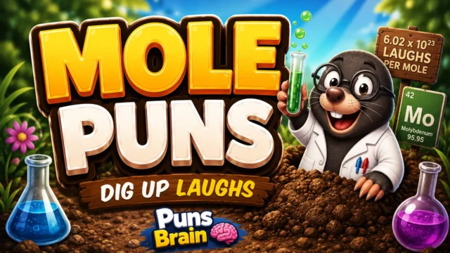 Colorful mole puns thumbnail with bold 3D text, smiling cartoon mole mascot, and Puns Brain branding.