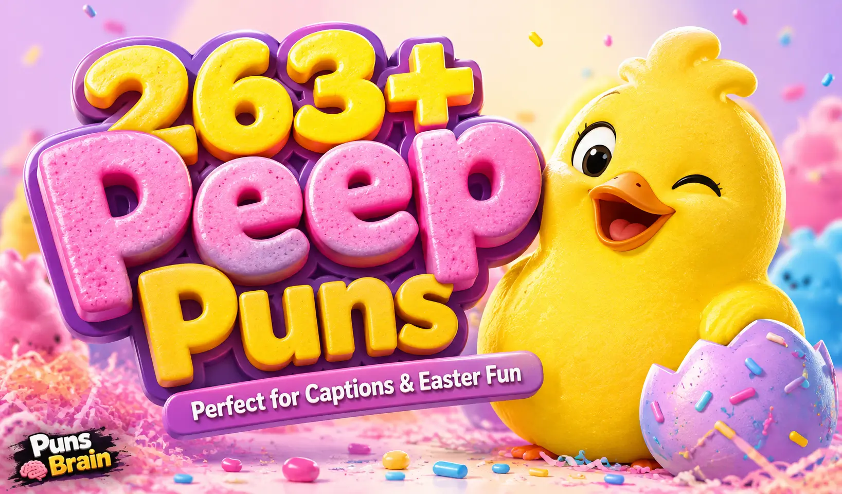 263+ peep puns thumbnail with a cute yellow Peep chick and colorful Easter egg