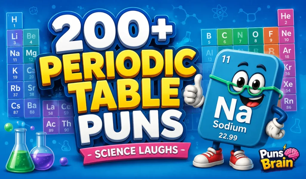 Colorful thumbnail featuring a cartoon periodic table element and bold 3D "200+ Periodic Table Puns" text.