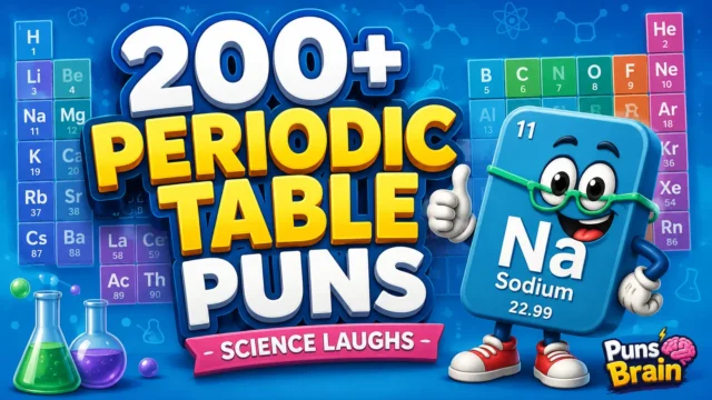 Colorful thumbnail featuring a cartoon periodic table element and bold 3D "200+ Periodic Table Puns" text.
