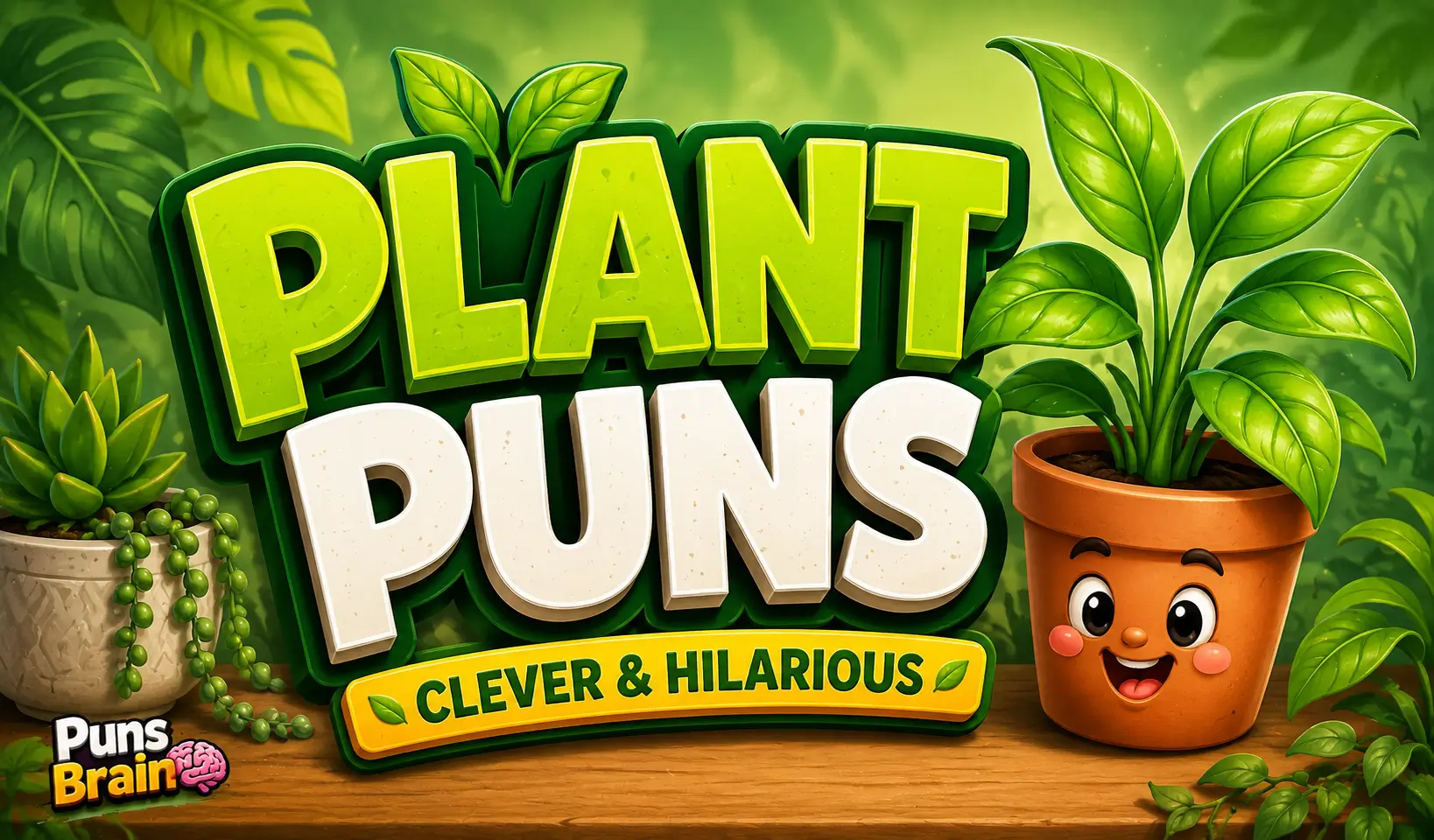 Colorful plant puns thumbnail with bold 3D text, a smiling potted plant mascot, and Puns Brain branding.