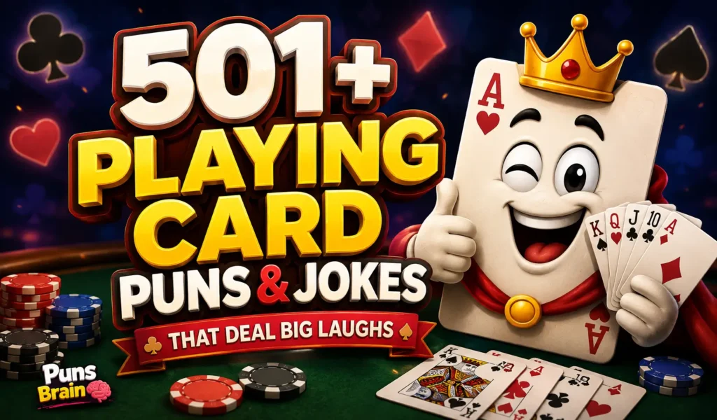 501+ playing card puns thumbnail with a cheerful card character, poker chips, and playing cards