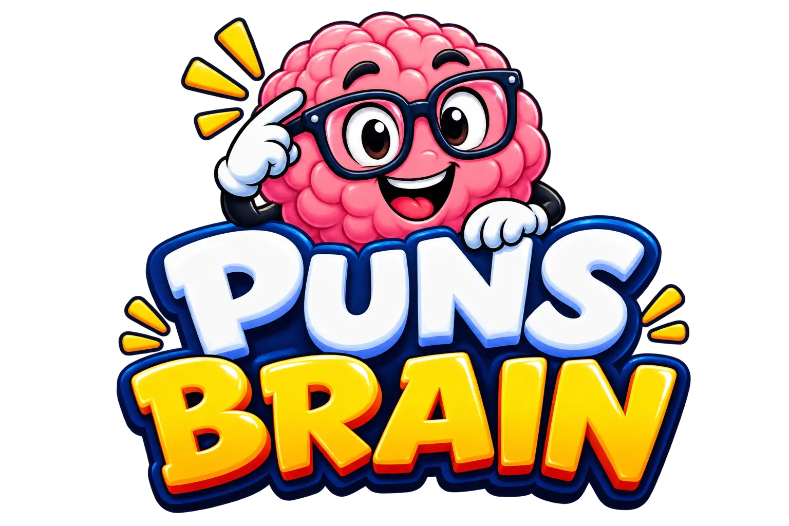 Puns Brain logo featuring a cheerful cartoon brain mascot with glasses