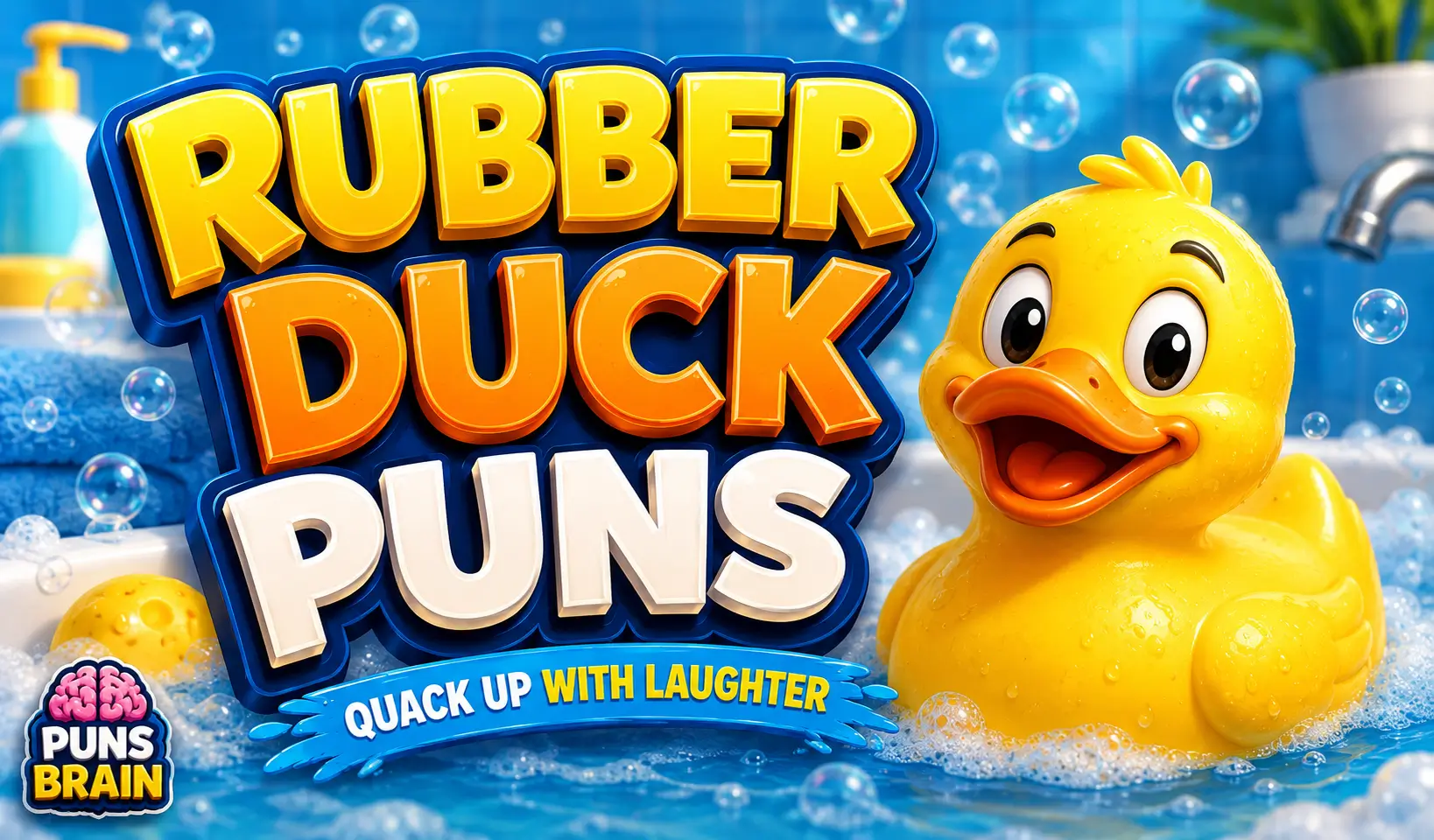Rubber Duck Puns thumbnail featuring bold 3D text and a smiling yellow rubber duck in a bubbly bath.
