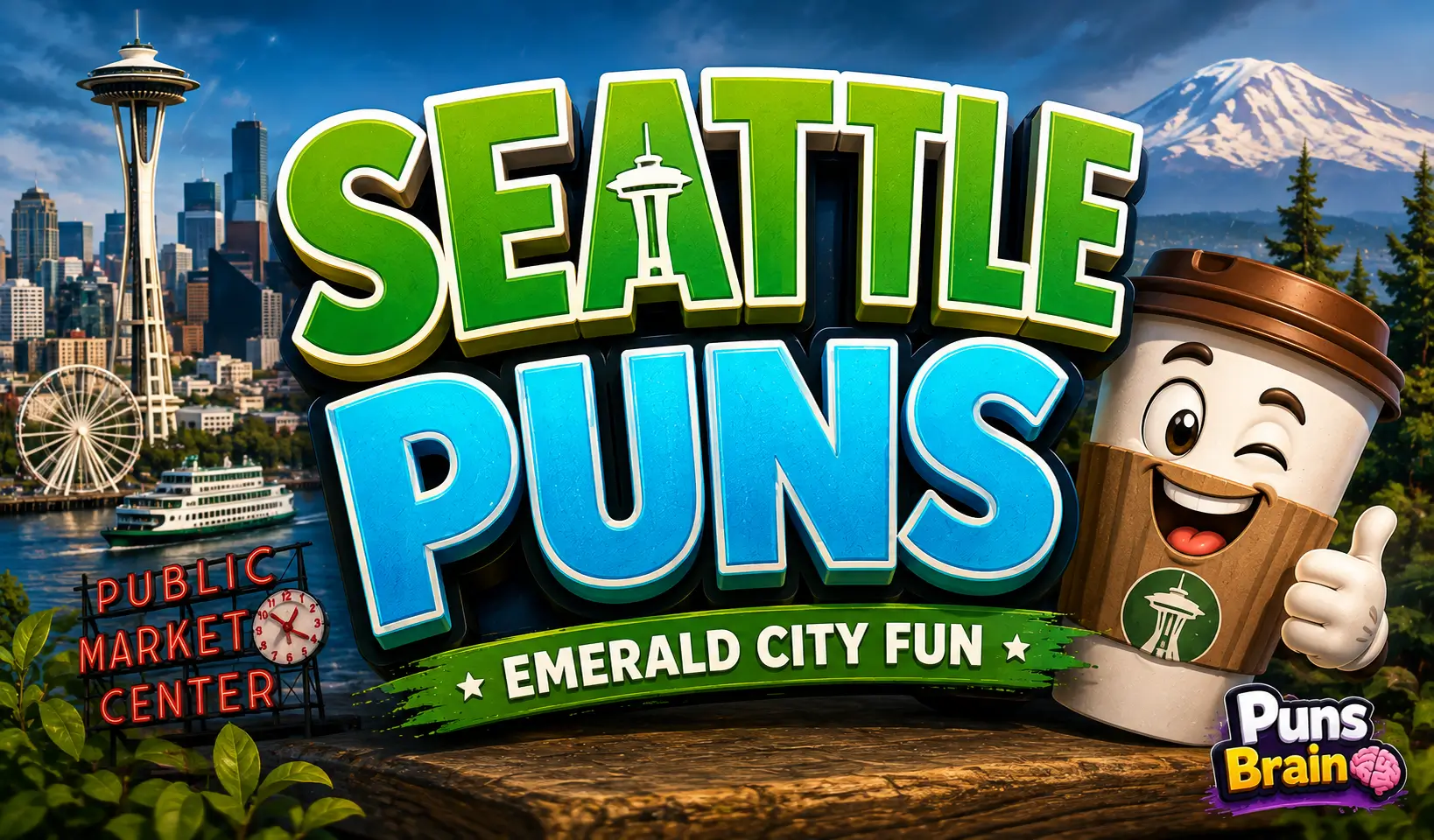 Cartoon thumbnail featuring bold 3D Seattle Puns text, a smiling coffee cup mascot, and the Seattle skyline.