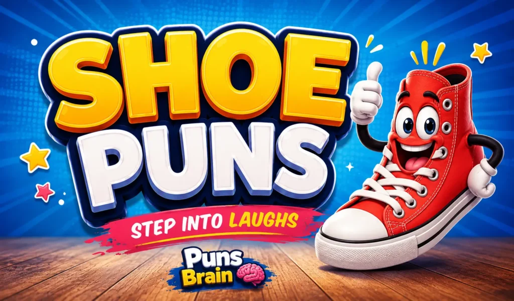Colorful shoe puns thumbnail with bold 3D text, smiling sneaker mascot, and Puns Brain branding.
