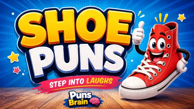 Colorful shoe puns thumbnail with bold 3D text, smiling sneaker mascot, and Puns Brain branding.