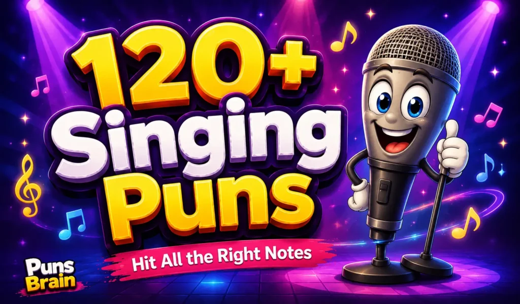 Colorful singing puns thumbnail featuring a smiling cartoon microphone and bold 3D "120+ Singing Puns" text.