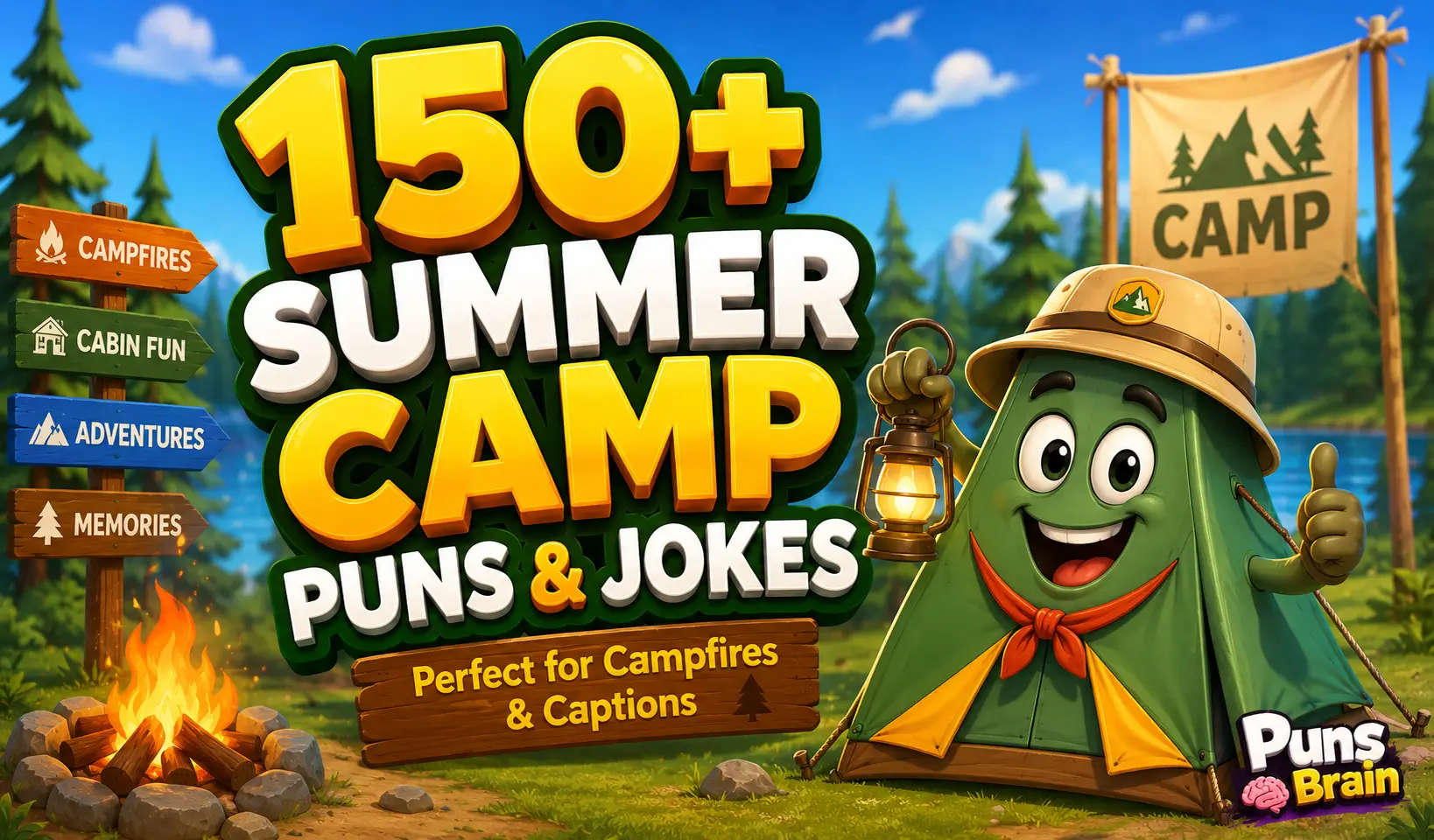 Colorful thumbnail featuring bold 3D text "150+ Summer Camp Puns & Jokes" with a cartoon tent mascot and summer camp puns theme.