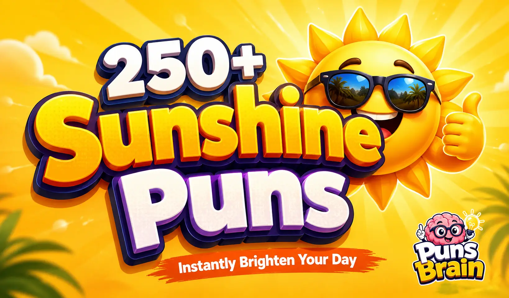 250+ sunshine puns thumbnail with a cheerful cartoon sun and bold 3D text