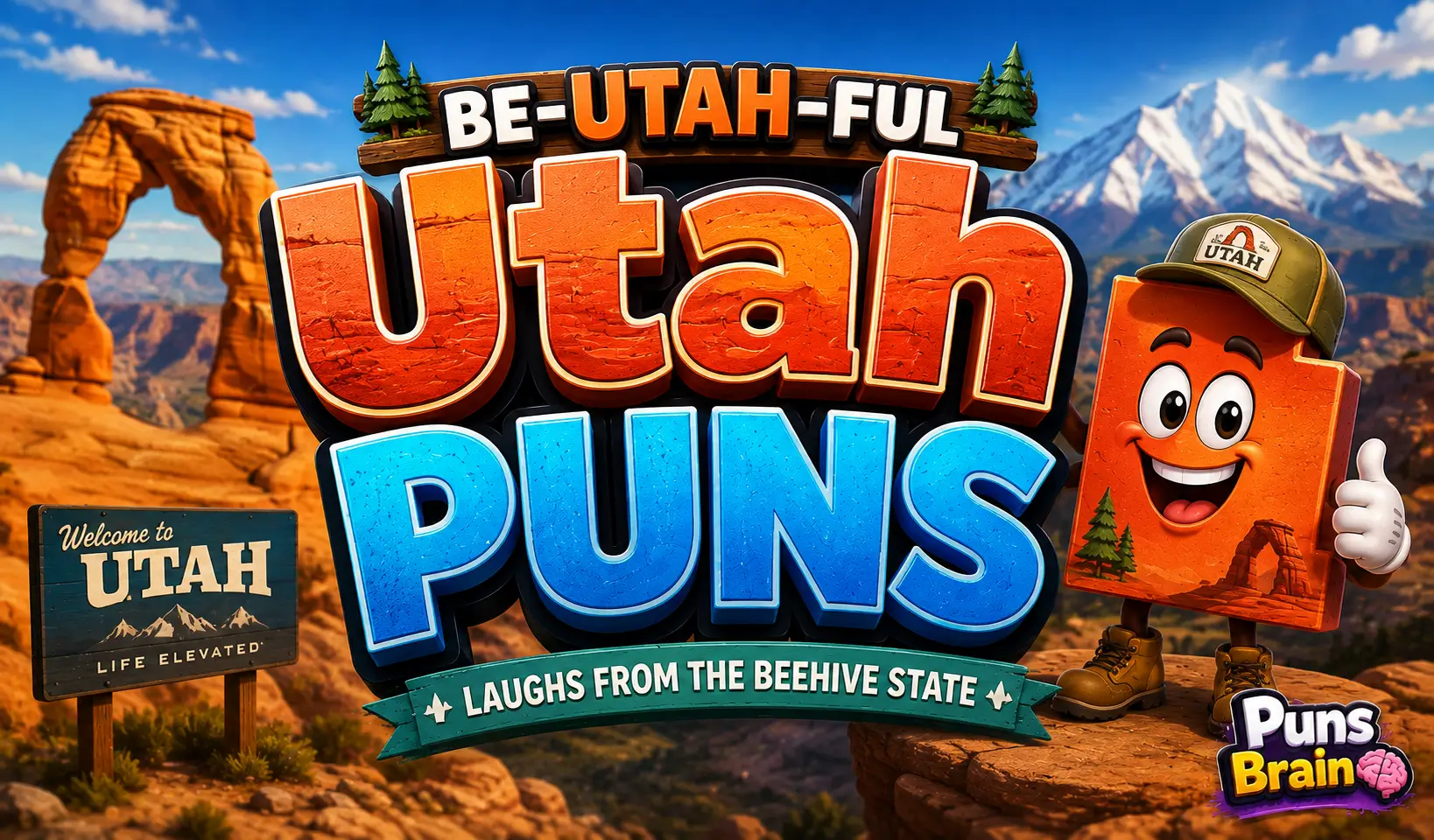 Cartoon thumbnail featuring bold 3D Utah Puns text with a smiling Utah mascot and iconic red rock landscape.
