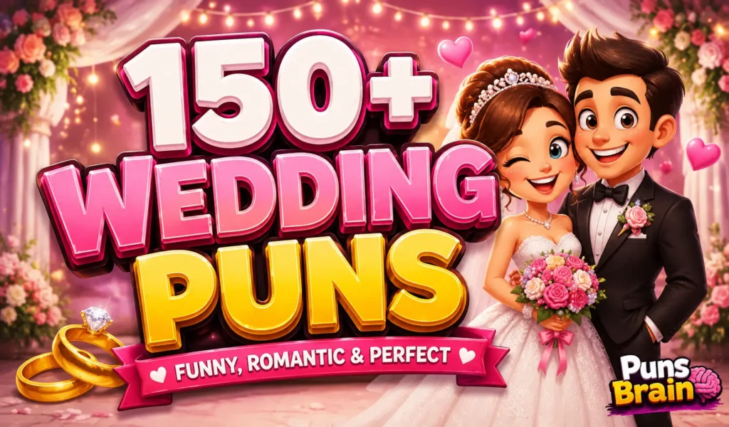 Colorful wedding puns thumbnail featuring a smiling cartoon bride and groom with bold 3D "150+ Wedding Puns" text.