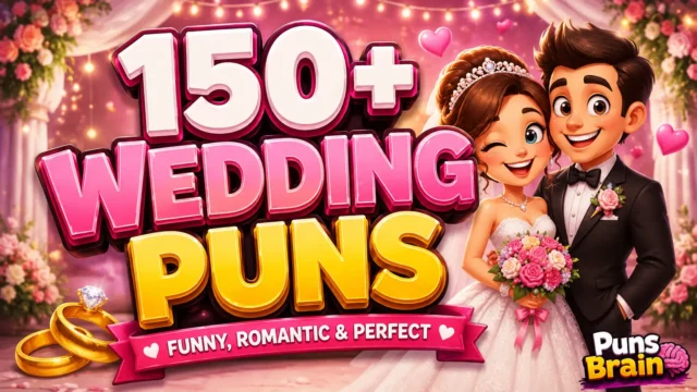 Colorful wedding puns thumbnail featuring a smiling cartoon bride and groom with bold 3D "150+ Wedding Puns" text.