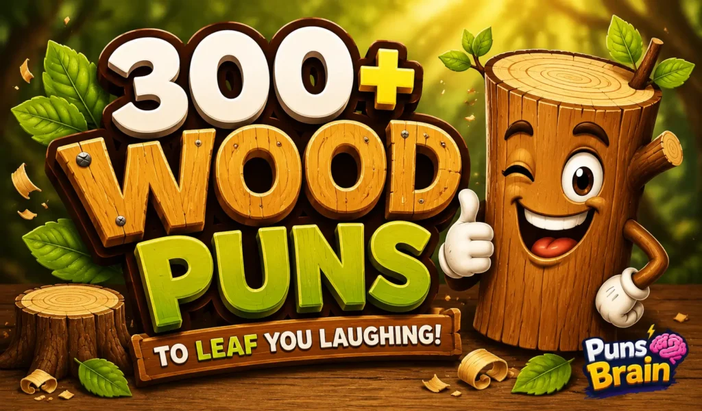 Colorful thumbnail featuring a smiling cartoon log and bold 3D "300+ Wood Puns" text.