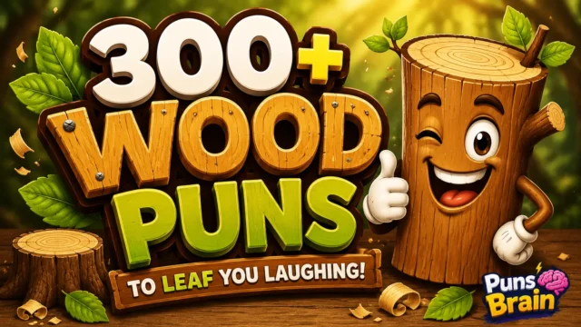 Colorful thumbnail featuring a smiling cartoon log and bold 3D "300+ Wood Puns" text.