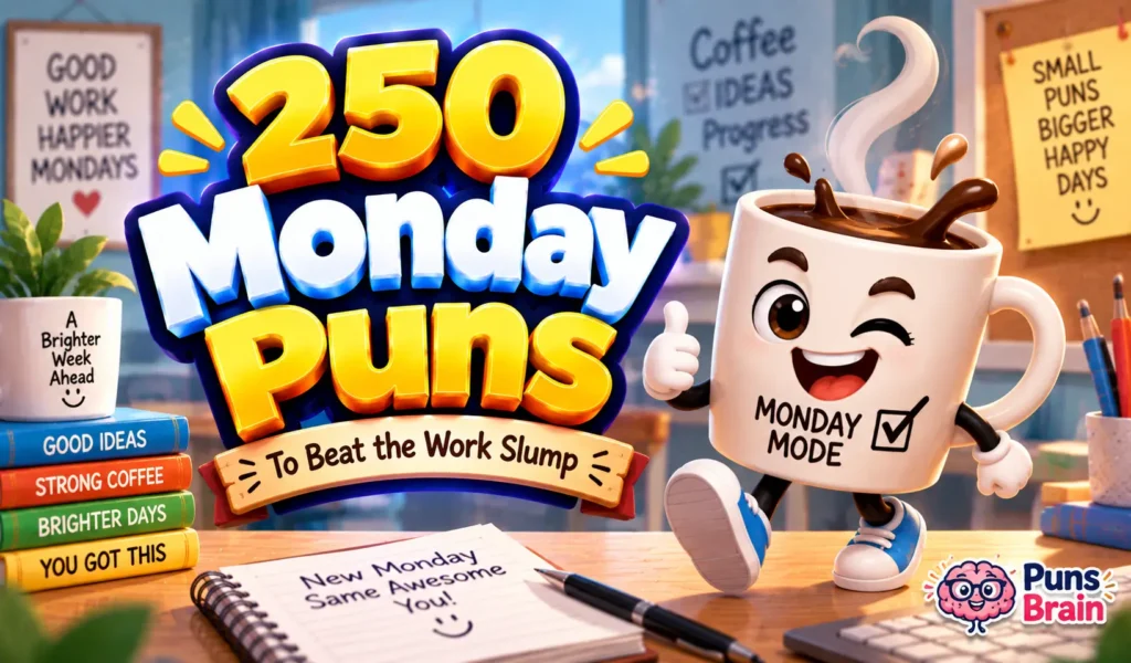 250 Monday puns with a cheerful coffee mug mascot and colorful 3D typography