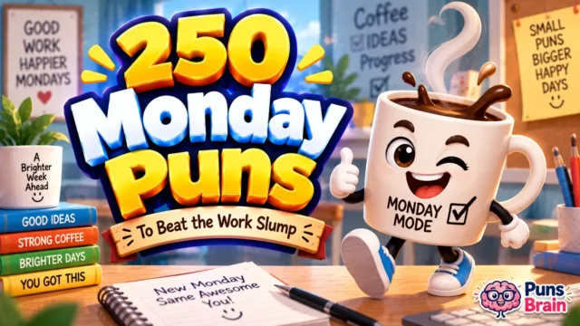 250 Monday puns with a cheerful coffee mug mascot and colorful 3D typography