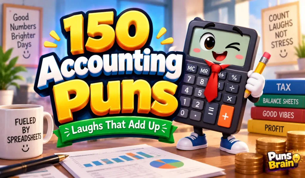 Colorful Accounting puns thumbnail with bold 3D text, a smiling calculator mascot, and Puns Brain branding.