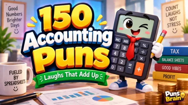 Colorful Accounting puns thumbnail with bold 3D text, a smiling calculator mascot, and Puns Brain branding.