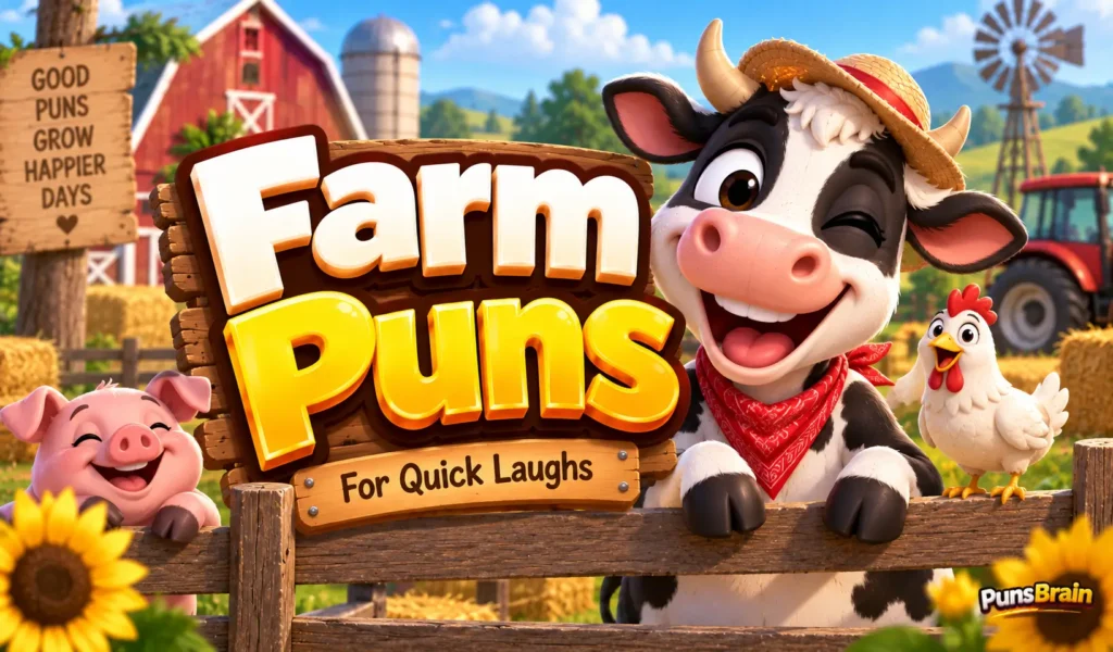 Colorful farm puns thumbnail with bold 3D title, smiling farm animal mascots, and a sunny farm background.